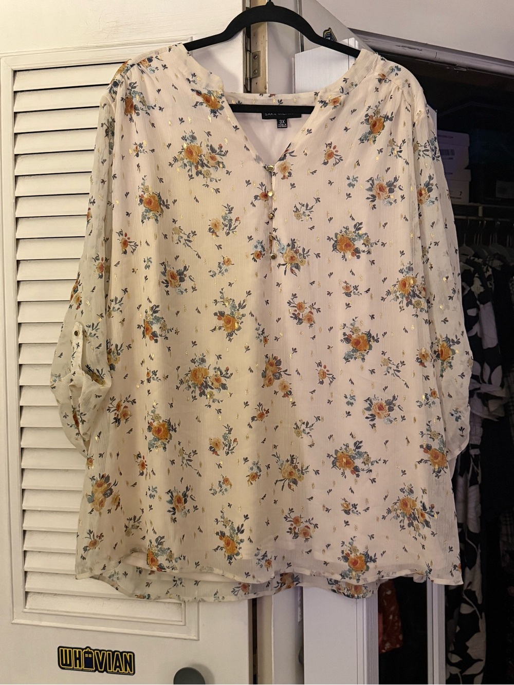 Sara Michelle Cream Floral V-Neck Blouse with Yellow Roses